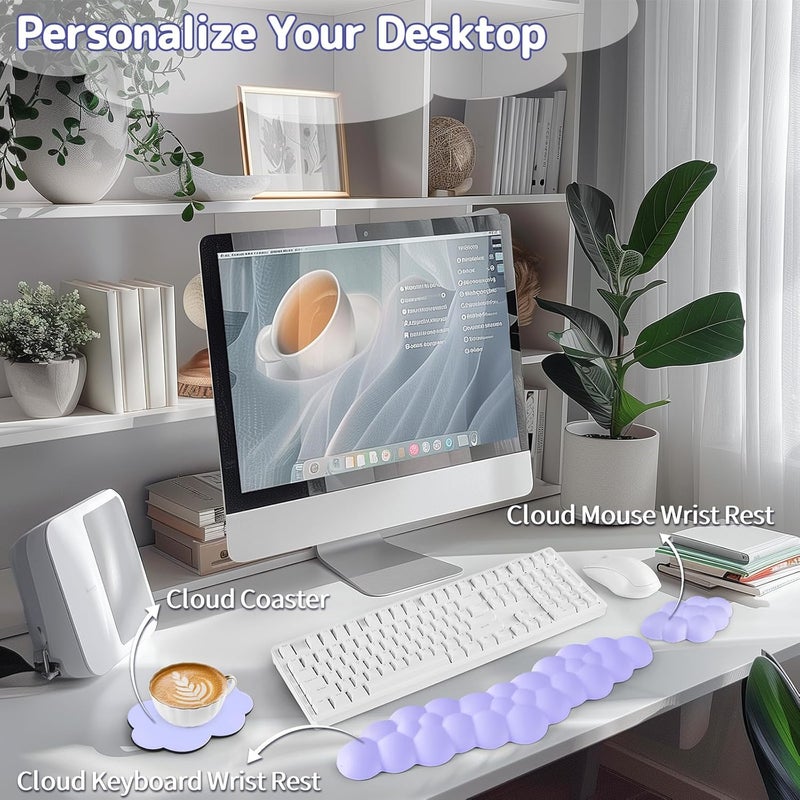 Sushret Cloud Wrist Rest for Keyboard and Mouse, Memory Foam PU Leather Keyboard Wrist Rest with Ergonomic Support, Non-Slip Base, Cute Arm Rest Pad & Palm Cushion, Office Desk Accessory, Purple - Image 2